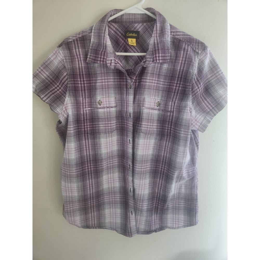 Cabela's Women's XL Purple Plaid Short Sleeve Trail Shirt Button Up Pocket Work